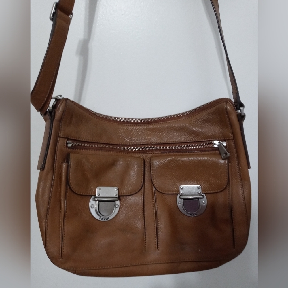 Vintage Camel Fossil Crossbody Cowhide Zipper top push lock pockets Handbag